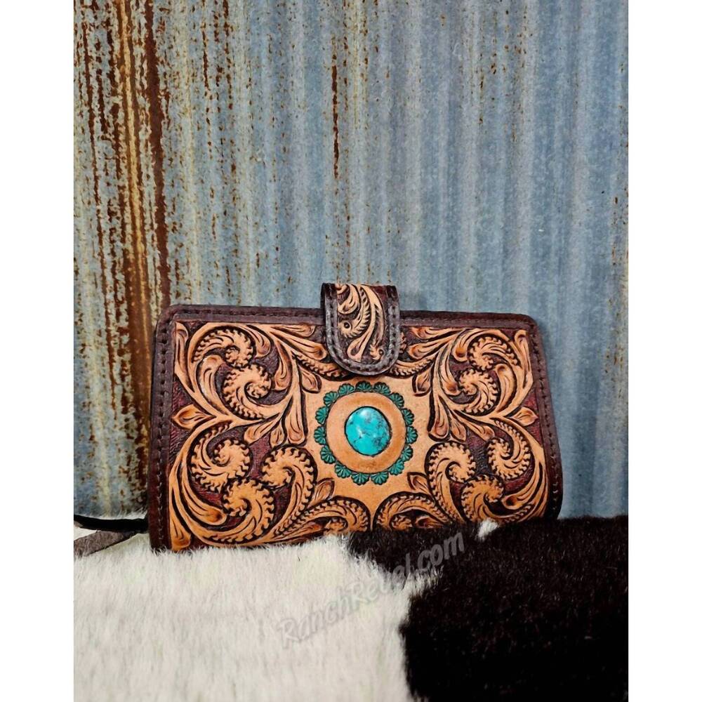 American Darling Tooled Leather Wallet with Turquoise Accent